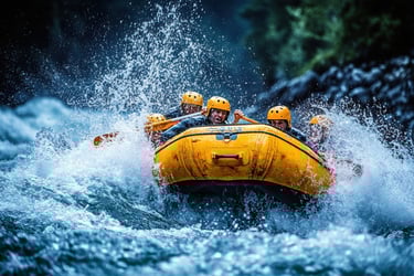 White-water rafting adventure in Jarabacoa, Dominican Republic, with group paddling through rapids in a yellow raft
