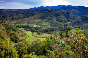 Mountain valley and lush green hills in Jarabacoa, Dominican Republic