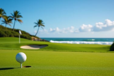 Luxury golf course in the Dominican Republic with ocean views, palm trees, and a sunny blue sky