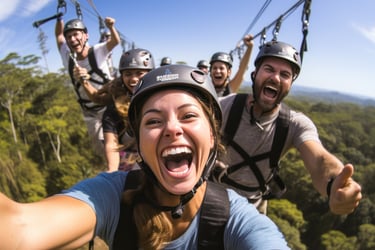 Group ziplining fun over lush forest in the Dominican Republic