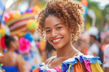 Smiling woman in colorful dress during carnival in the Dominican Republic
