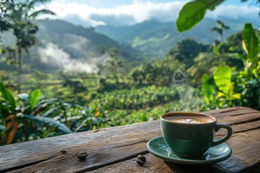 Freshly brewed coffee in Jarabacoa, Dominican Republic, with lush green mountains and coffee plantations in the background