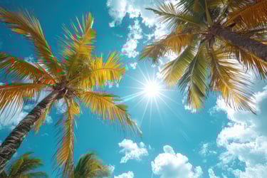 Sunny tropical weather with palm trees and blue sky in the Dominican Republic