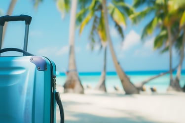Blue suitcase on tropical beach with palm trees, perfect for Dominican Republic packing list
