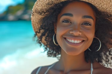 Smiling woman enjoying a sunny beach day in the Dominican Republic with turquoise water