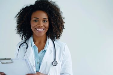 Smiling female doctor with stethoscope and clipboard in clinic