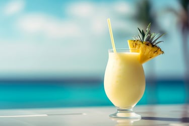 Piña Colada cocktail with pineapple garnish and straw by the beach in the Dominican Republic