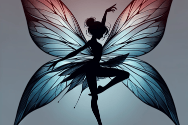 Illustration of a fairy with large, detailed wings, silhouetted against a gradient background th