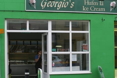 Georgio's green shop front. Llanberis High Street