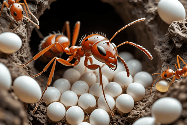a group of ants in a nestle of eggshells