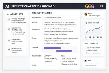 AI-powered project charter creation interface with intelligent automation and smart suggestions