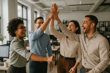 Small business team celebrating productivity achievements and successful collaboration