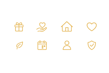 Gold thin line icons representing charity, home, and health on a black background.