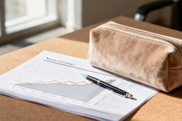 A high-end custom cosmetic pouch placed on a desk next to a business report.