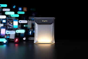 A conceptual image showing how the King Fly "Sanctuary" pouch blocks out digital noise.