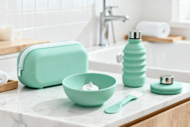 The "PureForm" GWP ecosystem in mint green **silicone**, including a pouch, bowl, and bottle