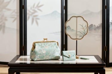 "The Splendid Rivers" GWP set, featuring a jacquard pouch, cardholder, and fan.