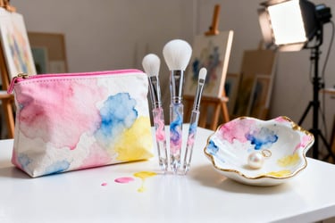 Aquarelle-themed cosmetic bag, brushes, and trinket dish in a studio.