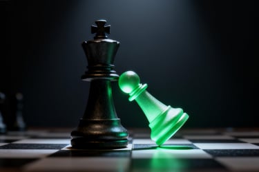 A strategic comeback: a green chess piece winning a game on a chessboard.