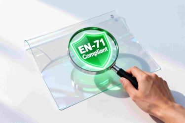 A magnifying glass over PVC material reveals "EN-71 Compliant" text, symbolizing foresight.