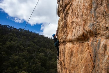 Climbers scaling natural rock faces during a half day rock climbing session at Morialta