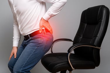 Pain radiating lower back to leg, stiffness and muscle weakness - symptoms of slip disc.