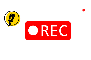 Video recording screen overlay with a red REC button, recording icon, and a yellow microphone logo.