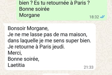 Screenshot of a French WhatsApp text exchange between Morgane and Laetitia about traveling to Paris.