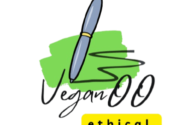 logo di veganoo con una penna che scrive su una tela verde