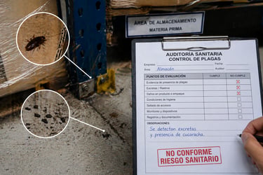 evidencia de plagas en área de almacenamiento durante auditoría