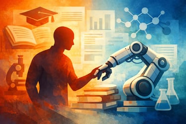 Abstract image of human human holding a robotic hand.