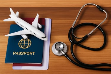 um passaporte e um estetoscópio sobre uma mesa