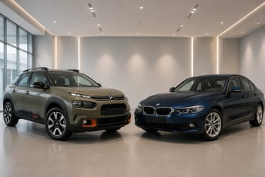 Citroën C4 Cactus e BMW 316i frente a frente em showroom moderno