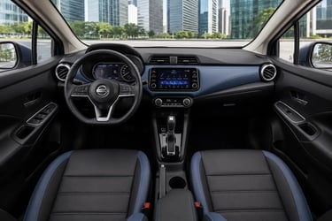 Interior do Nissan Versa 2027 com painel, central multimídia e cabine em visão frontal