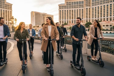a large group riding scooters in front of a strip resort