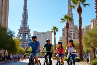 a tour guide leads a group of three people on a bike tour on the strip