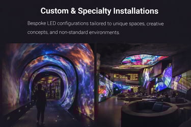 Custom bespoke LED display installations including an immersive video tunnel and artistic ceiling panels.