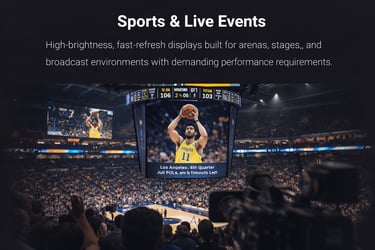 High-brightness LED displays for sports arenas showing a live basketball game on a center-hung scoreboard.