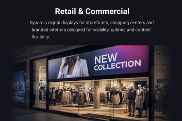 Dynamic digital signage display above a retail storefront showcasing a new collection advertisement.