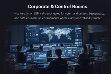 Operators monitoring data on high-resolution LED walls and screens in a modern corporate control room.