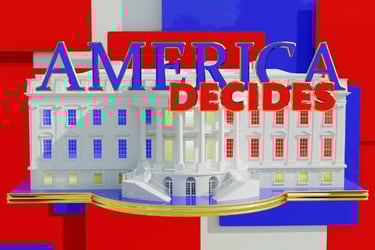 Motion graphics image of the Whitehouse with text America Decides.