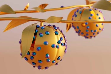 Stylized CG image of metallic ladybugs crawling on golden, metallic peaches.