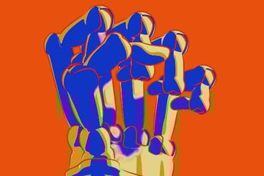 Stylized CG image of robot hand making a fist.