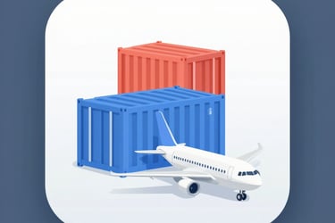 Isometric air freight icon featuring a white cargo plane with blue and red shipping containers.