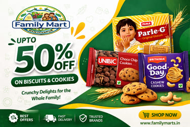 Family Mart sale banner offering 50 percent off on Parle-G, Unibic, and Britannia Good Day cookies.