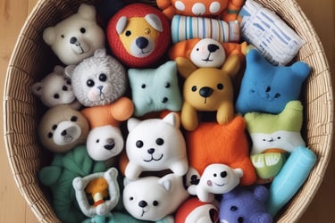 a basket of stuffed animals and stuffed animals