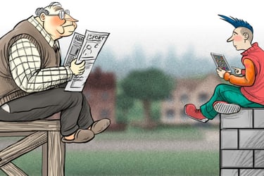 Old man reading newspaper and young boy using smart phone
