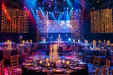 a large event venue with a stage set up for a party