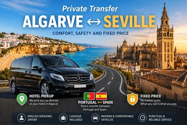 Private transfer from Algarve to Seville in a luxury black Mercedes van with scenic coastal and city views.