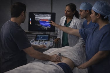 Sonographer performing an abdominal ultrasound exam while three other clinicians look on.